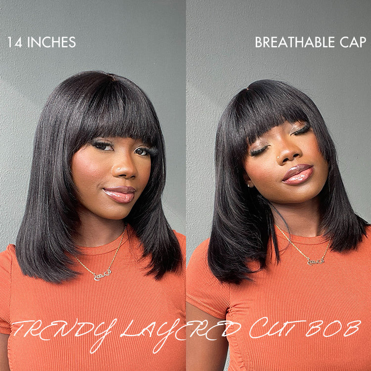 Put On and Go Ash Blonde Highlight / Brown Highlight / Natural Black Layered Cut Yaki Straight Minimalist Lace Bob Wig
