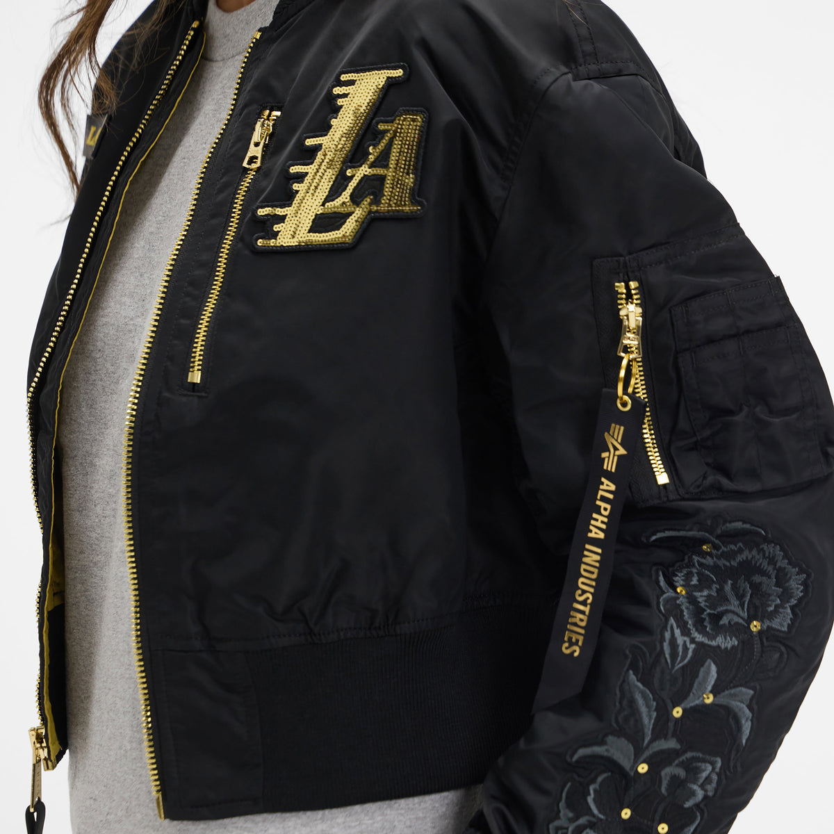 Alpha Industries x New York Knicks Black and Gold Women's Cropped L-2B Bomber Jacket