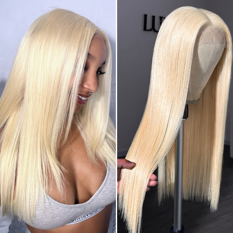 PreMax Wigs - 180% Density Easily Redyed 613 Silky Straight 5x5 Closure HD Lace Glueless Mid Part Long Wig Pre-cut & Plucked & Bleached
