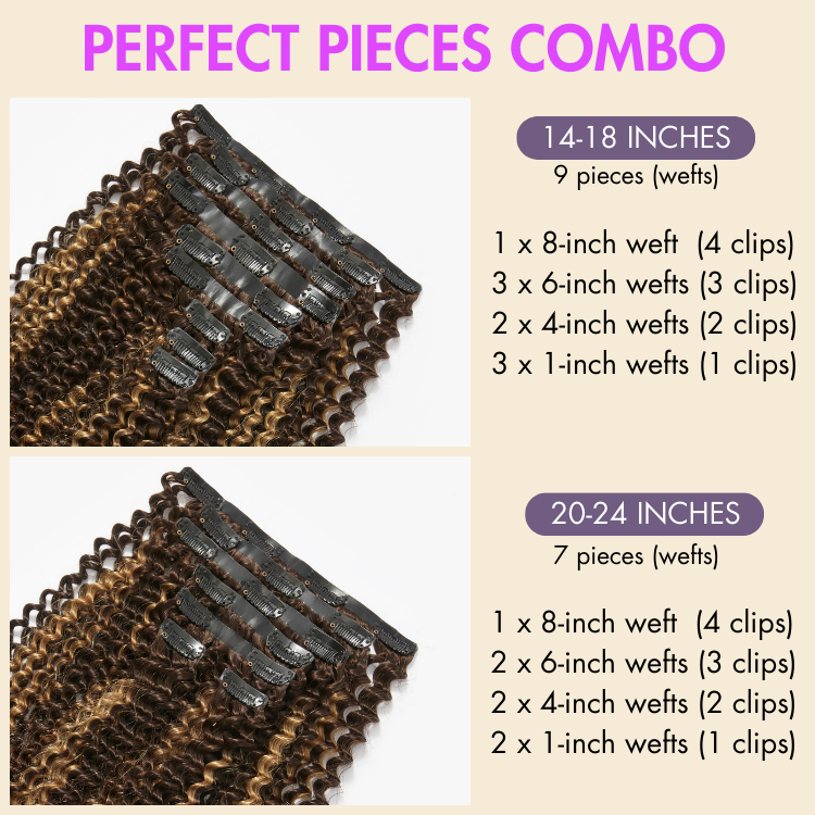 Seamless Brown Highlights Kinky Curly Clip in Hair Extensions 135g 9pcs / 7pcs with Free Gift