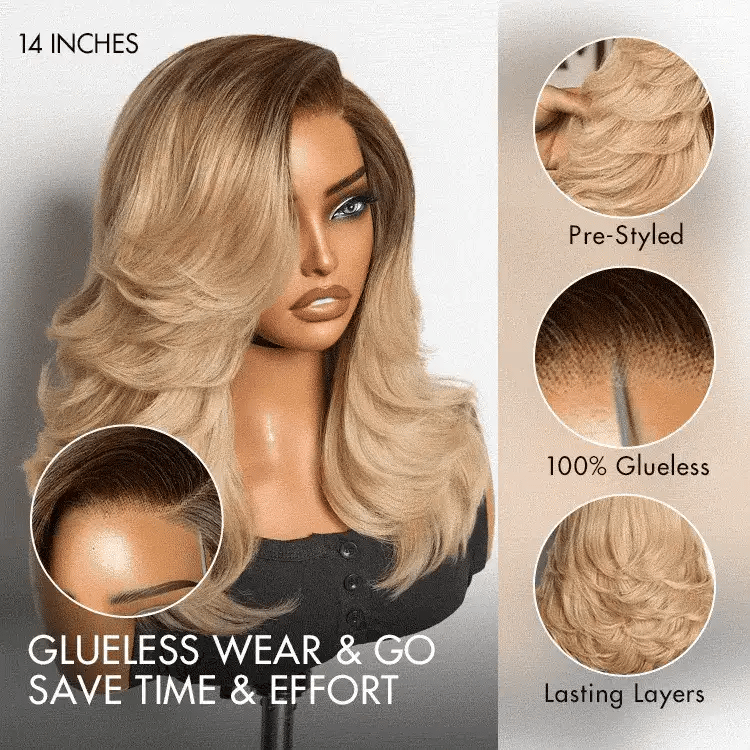 Ombre Blonde Blow Out Layered Cut Wavy Glueless HD Minimalist Lace Wig