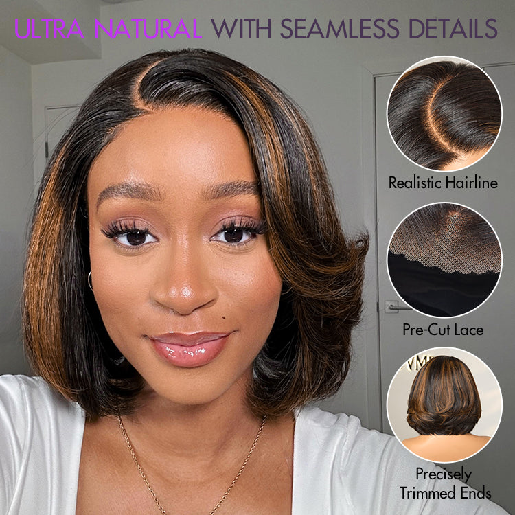 Trendy Brown Highlight Layered Bob Blowout Glueless 5x5 Lace Closure Wig 100% Human Hair Pre-Cut Lace