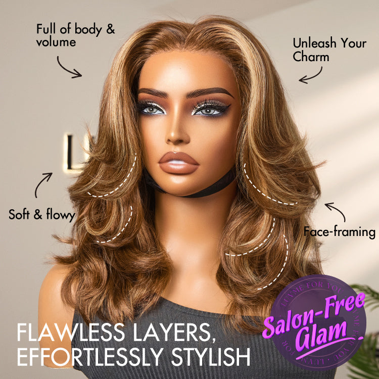 PreMax Wigs - Honey Brown with Blonde Highlights / Natural Black Bouncy Body Wave Glueless 13x4 Frontal Lace Human Hair Wig