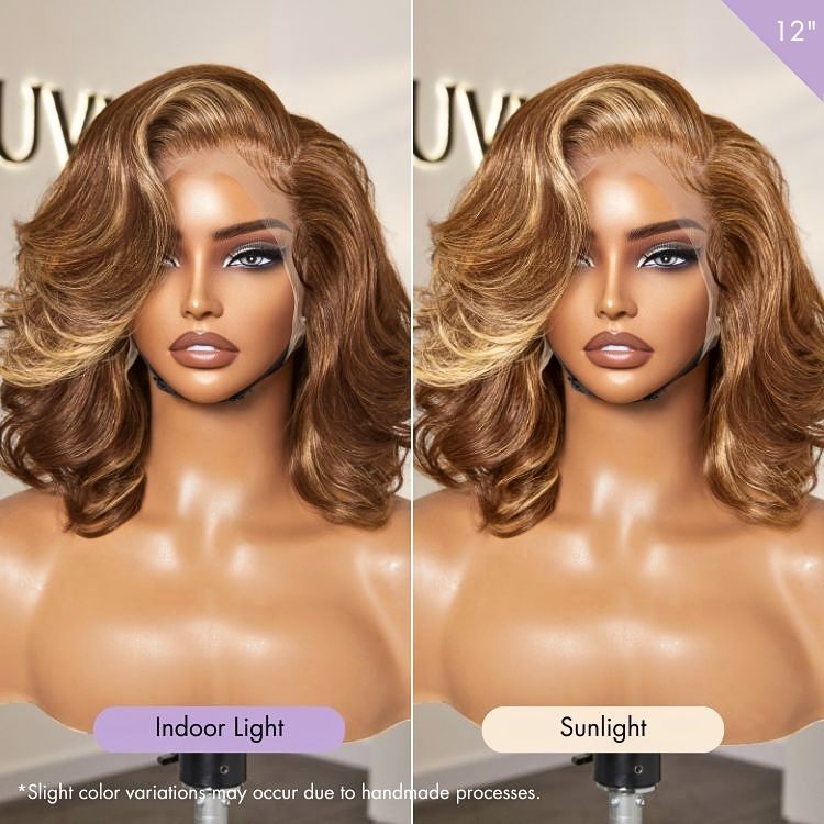 PreMax Wigs - Honey Brown with Blonde Highlights / Natural Black Bouncy Body Wave Glueless 13x4 Frontal Lace Human Hair Wig