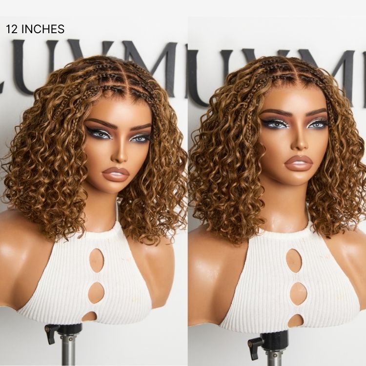 Readitress™ Ombre Brown Highlight Boho Braids Deep Curly Glueless 5x5 Closure Lace with Braided Top Human Hair Wig Pre-Cut Lace