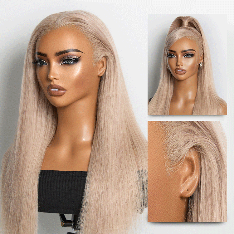NatureMAX™ 180% Density Ash Blonde Silky Straight Glueless Ear-to-ear 13x4 HD Lace Front Wig Pre-Cut Lace Flexi-Fit Drawstring Cap
