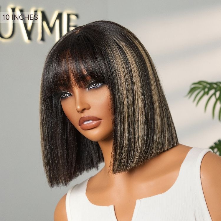 Put On and Go Blonde Highlight Yaki Straight Blunt Cut Bob Glueless Minimalist Lace Short Wig with Bangs