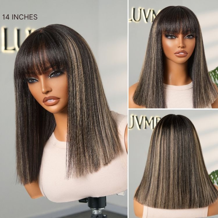 Put On and Go Blonde Highlight Yaki Straight Blunt Cut Bob Glueless Minimalist Lace Short Wig with Bangs